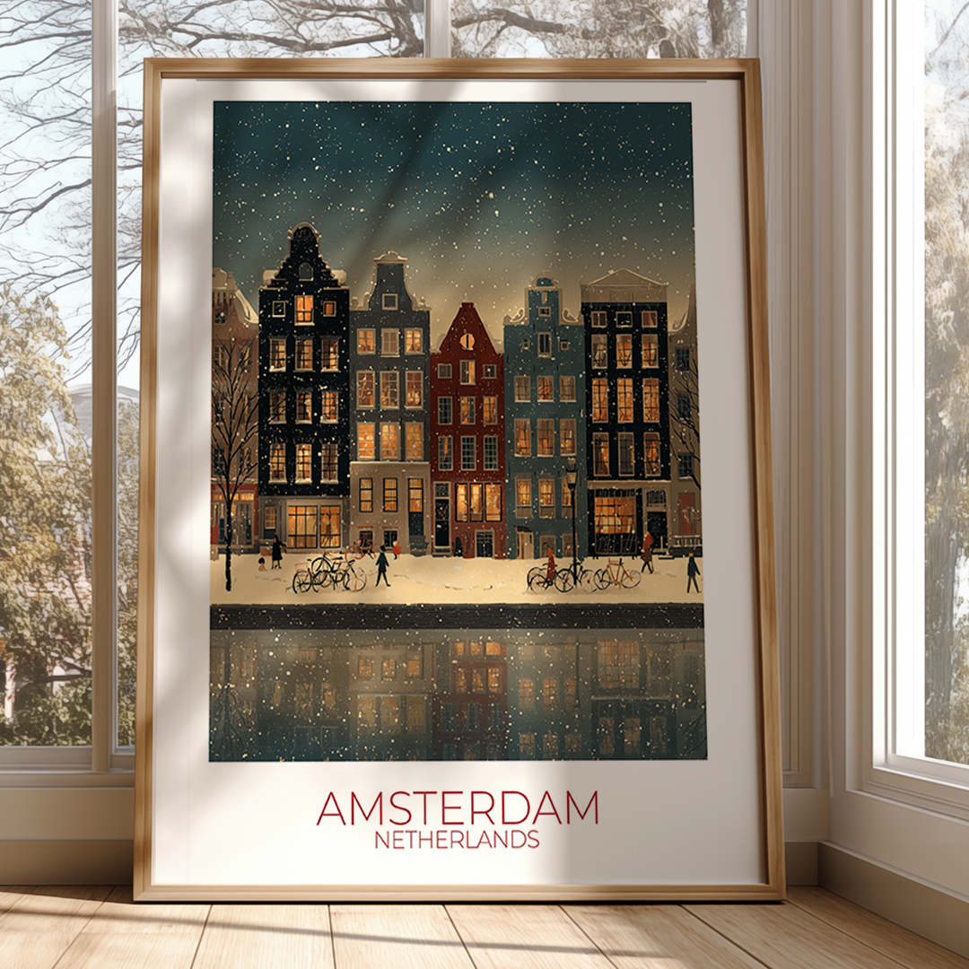 Framed artwork of a snowy Amsterdam street scene with buildings and people.