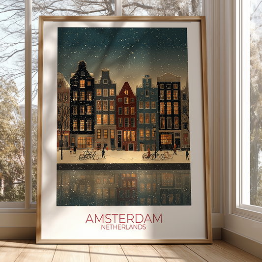 Framed artwork of a snowy Amsterdam street scene with buildings and people.