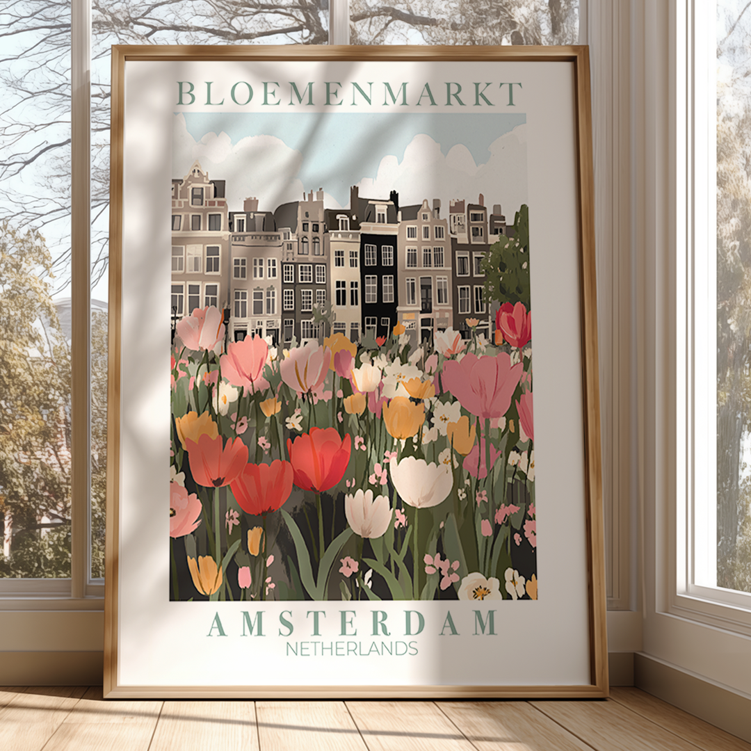 Framed poster of Amsterdam with tulips and canal houses, displayed in a room with large windows.