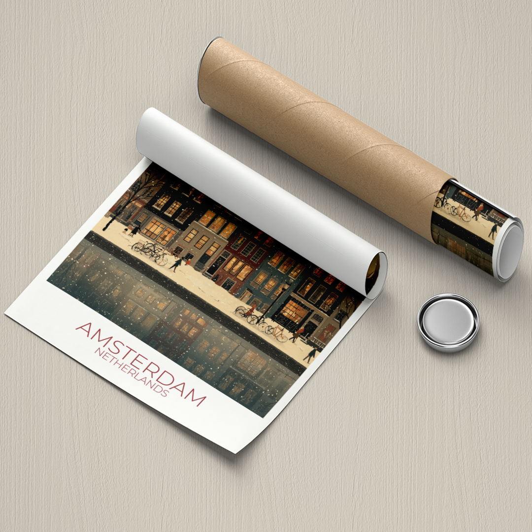  Rolled-up poster of Amsterdam with a cylindrical packaging on a beige surface