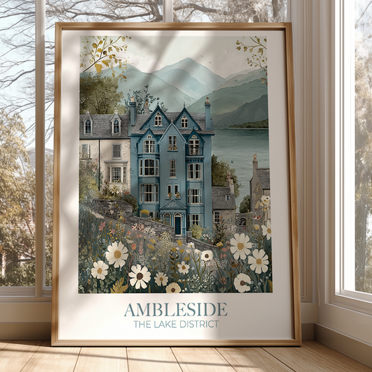 Framed artwork of a house in the Lake District with 'Ambleside' text.