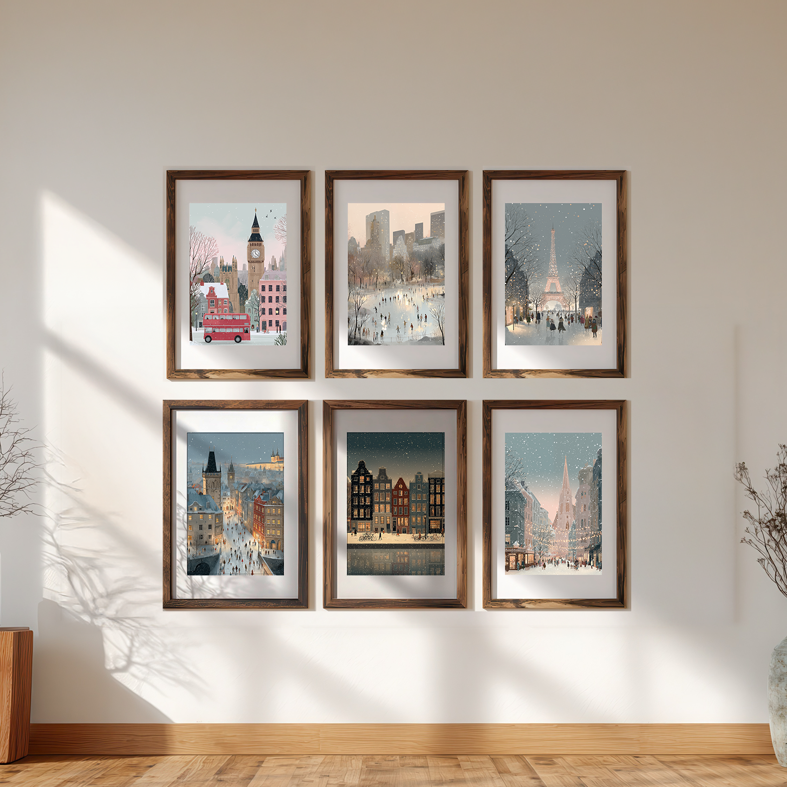 Six framed artworks of cityscapes in winter on a wall.
