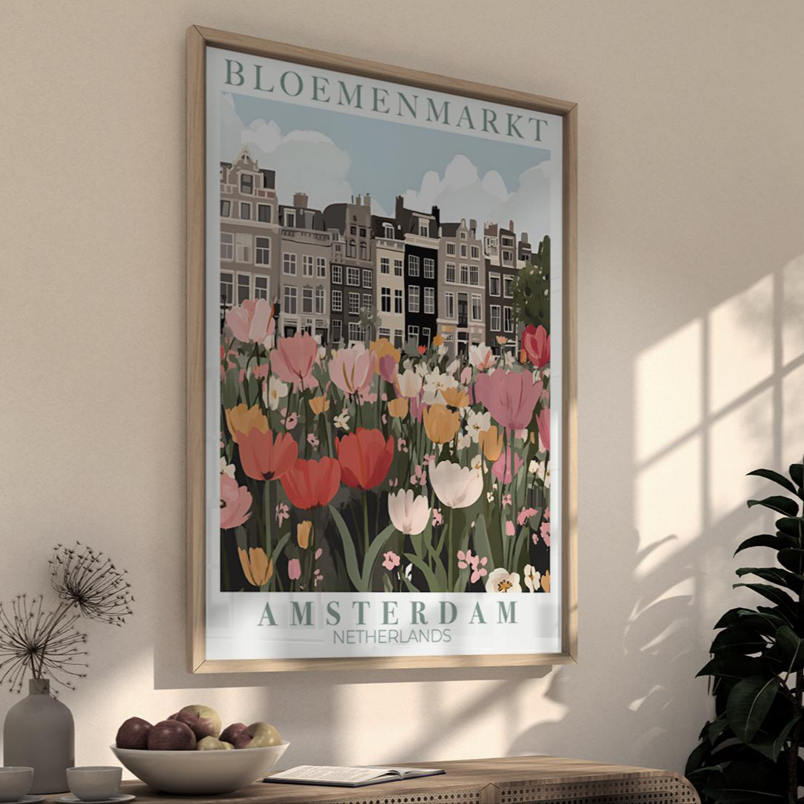 Framed poster of Bloemenmarkt, Amsterdam with tulips on a wall.
