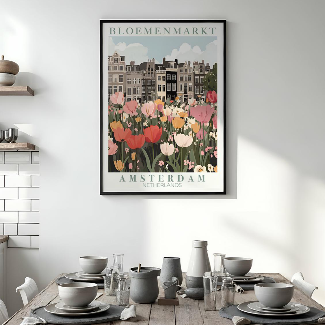 Framed artwork of a floral scene with text 'Bloemenmarkt Amsterdam' in a kitchen setting.