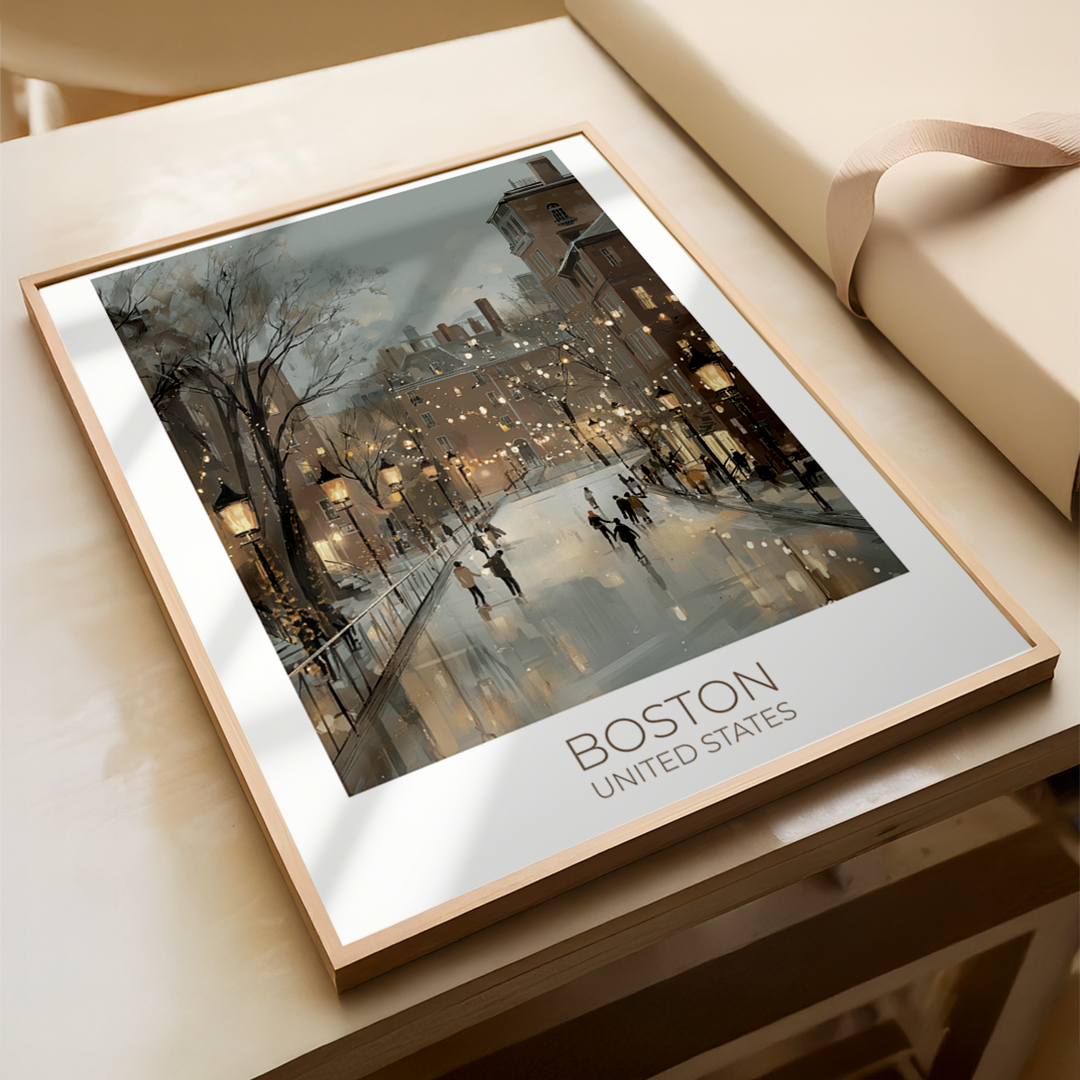Framed artwork of a snowy street scene with 'Boston United States' text on a wooden surface.