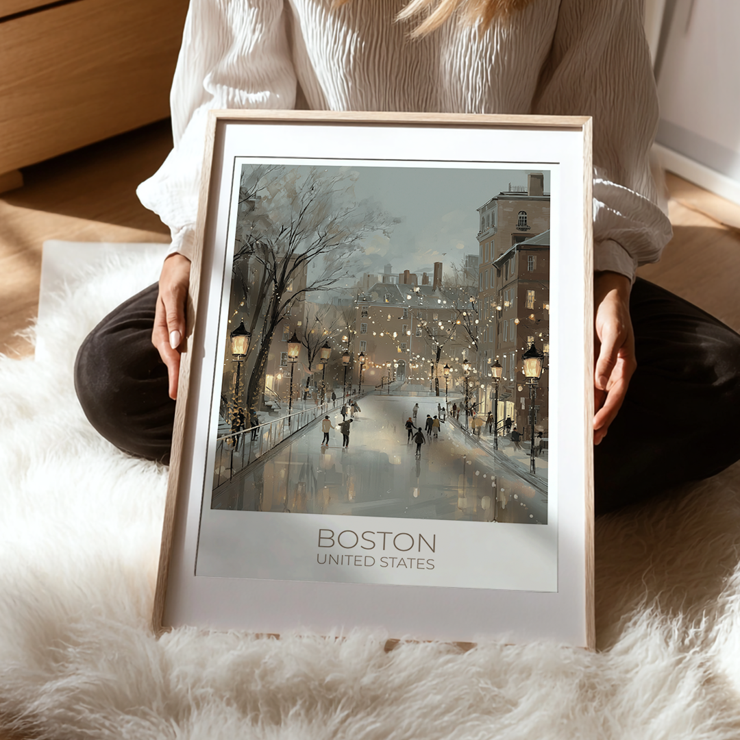 Person holding a framed print of Boston, United States on a soft surface