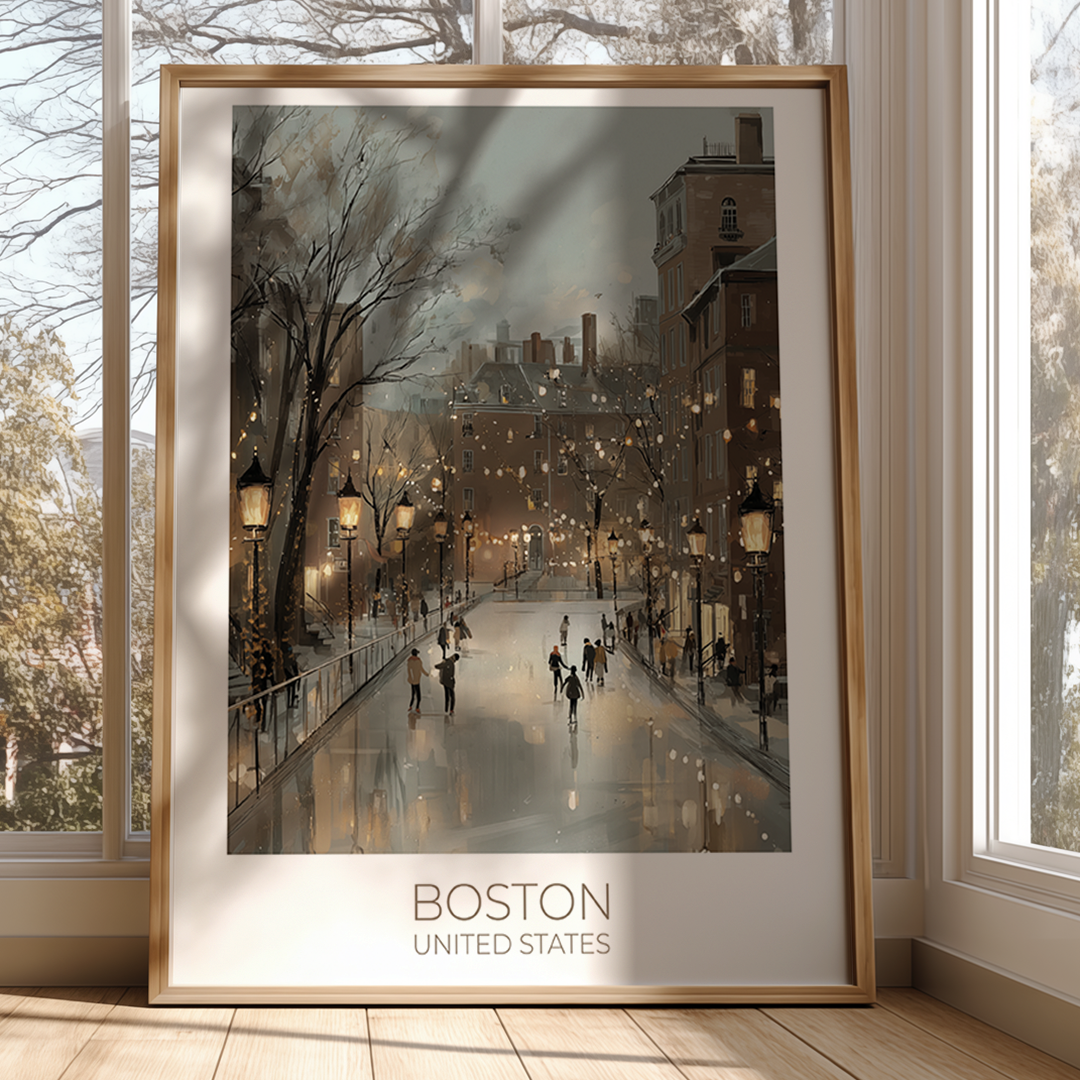 Framed artwork of a snowy street scene in Boston, displayed in a room with large windows.