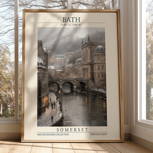 Framed poster of Bath, Somerset with a snowy scene and architectural details.