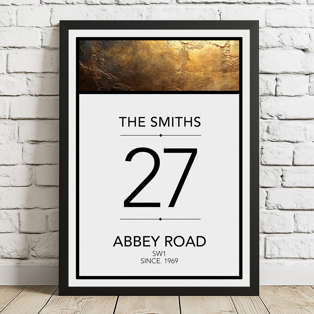 Framed print of 'The Smiths 27 Abbey Road SW1 Since 1969' on a white brick wall.