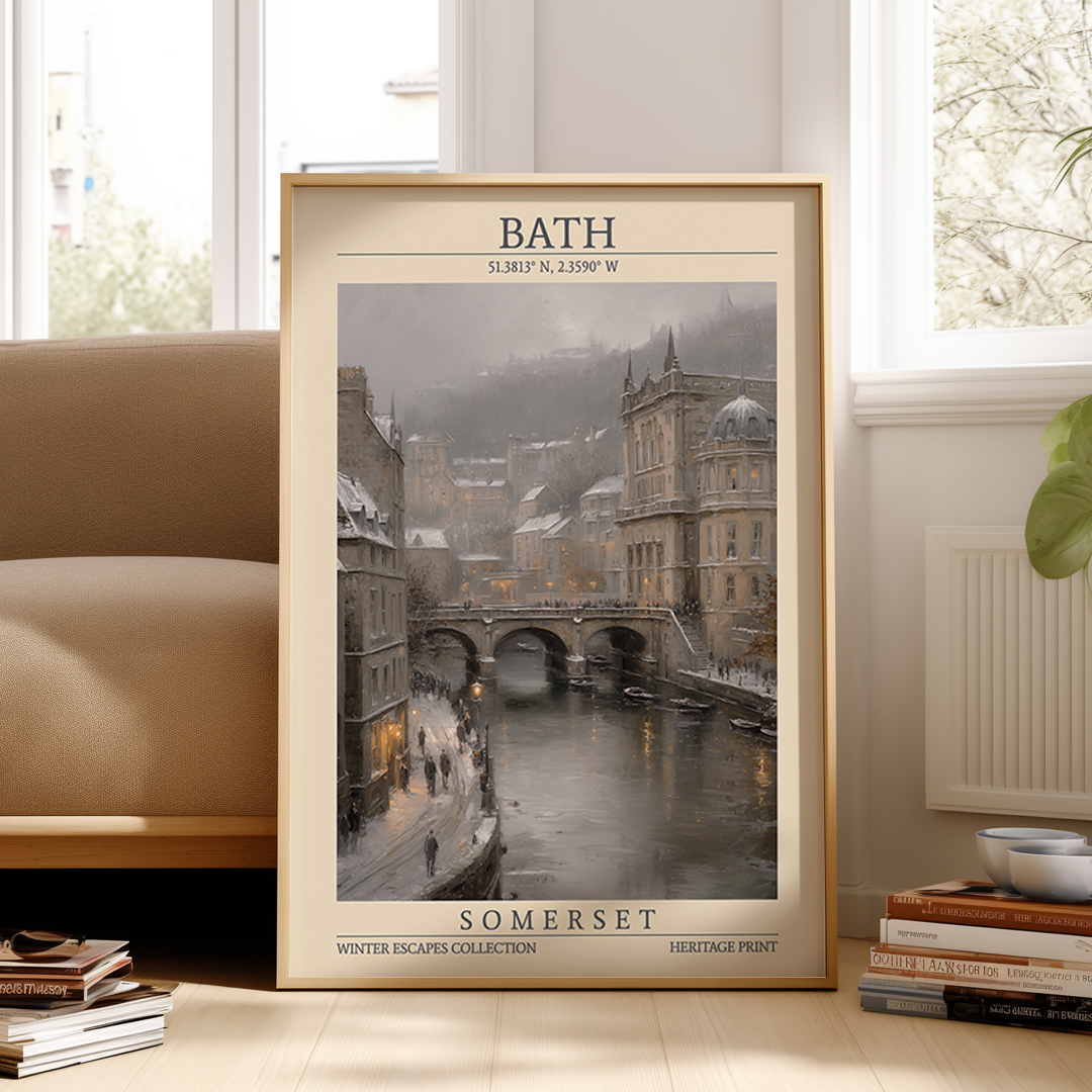 Framed poster of Bath, Somerset with a cityscape in the frame.