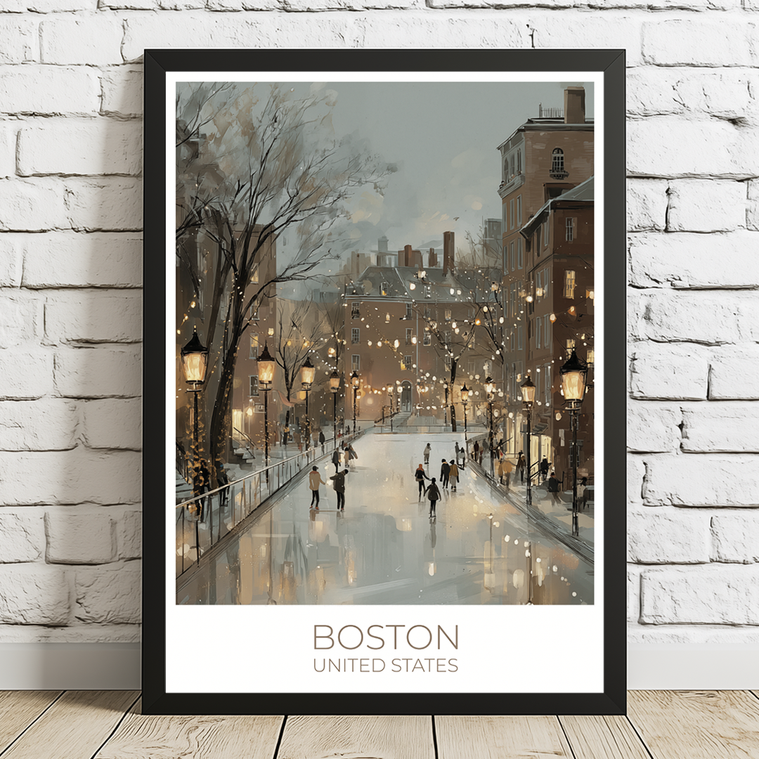 Framed artwork of a snowy street scene in Boston, United States, on a white brick wall.