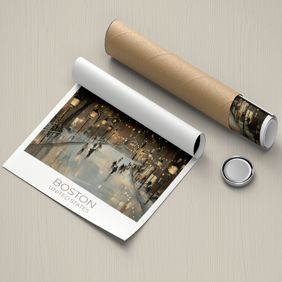 Roll of paper with a printed image of Boston and a cylindrical packaging on a beige surface.
