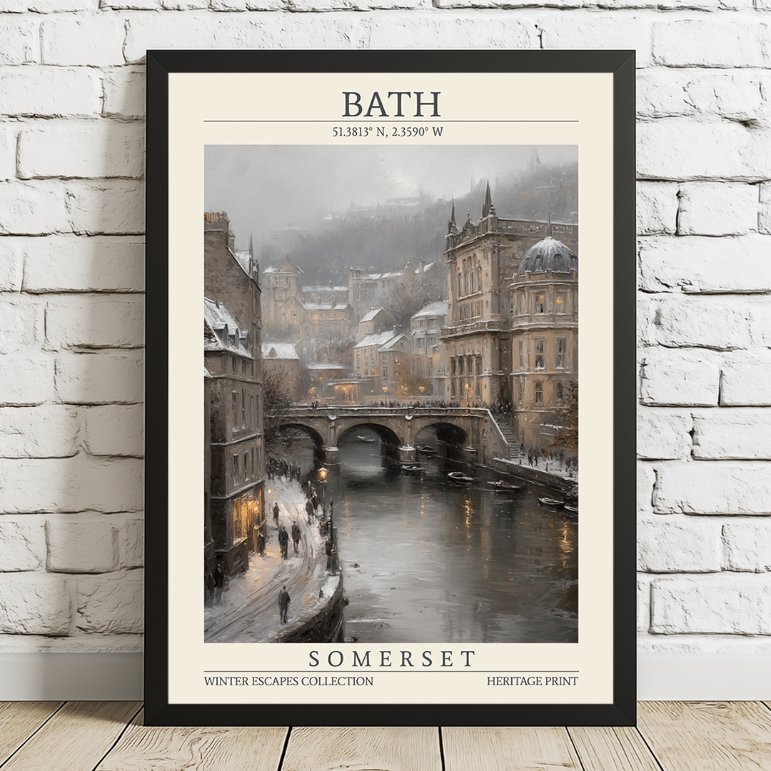 Framed poster of Bath, Somerset with a snowy scene on a brick wall.