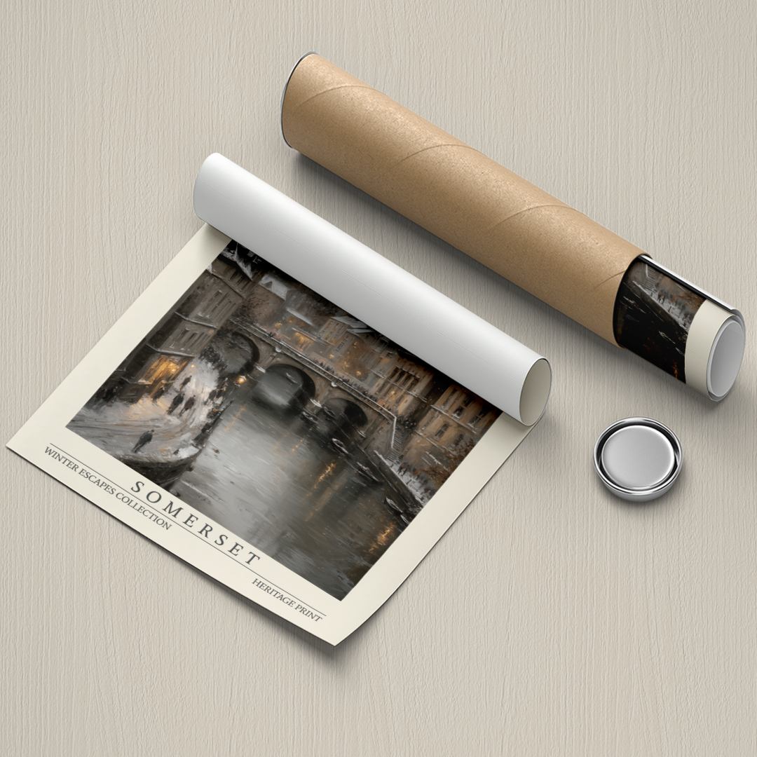 Rolled-up Somerset paper with a print of a snowy street scene on a textured surface