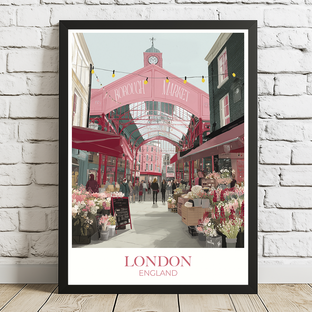Framed artwork of a market scene in London, England, with a pink market arch.