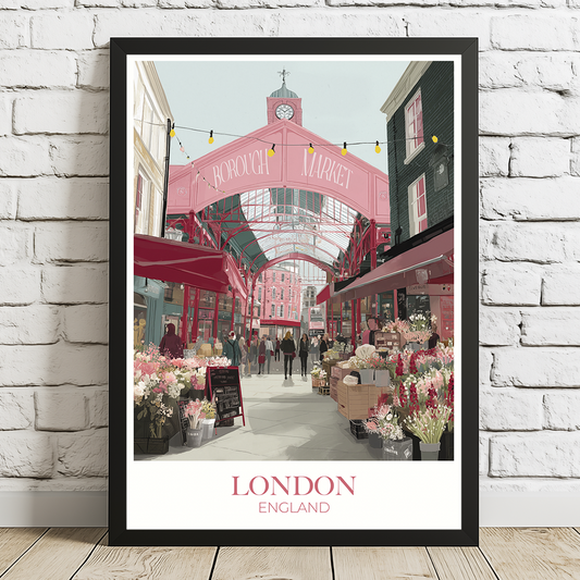 Framed artwork of a market scene in London, England, with a pink market arch.