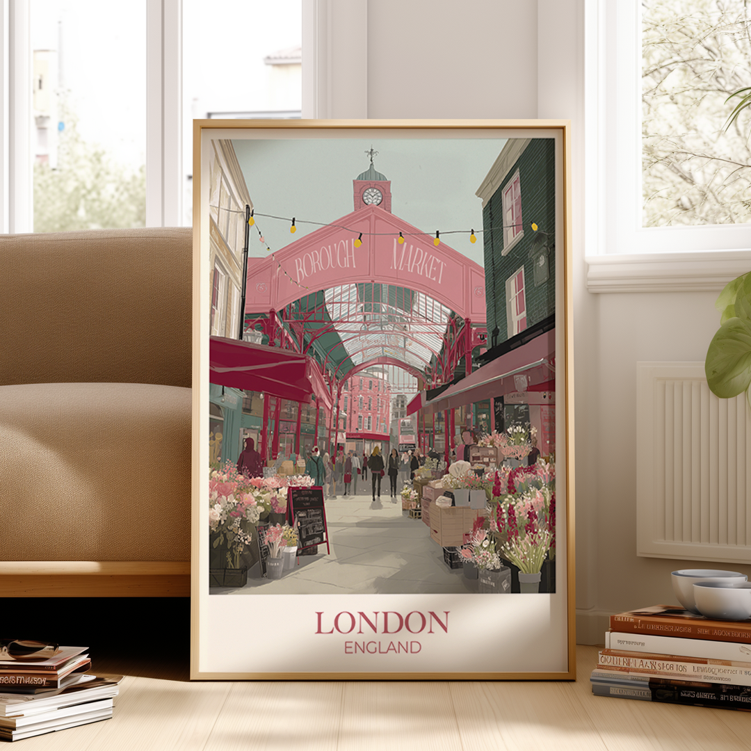 Framed poster of a London market scene in a living room.