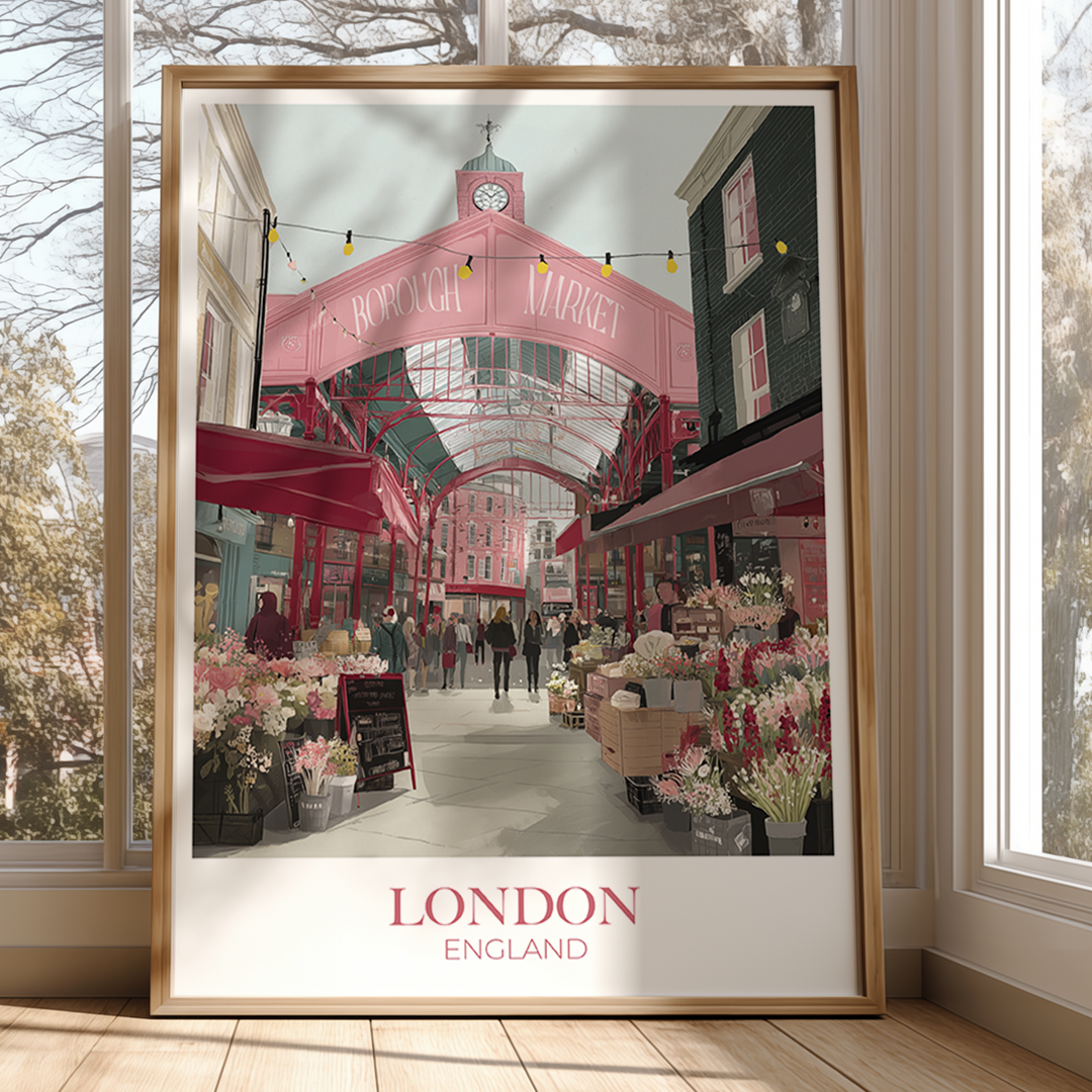 Framed poster of a London market scene with 'London England' text.