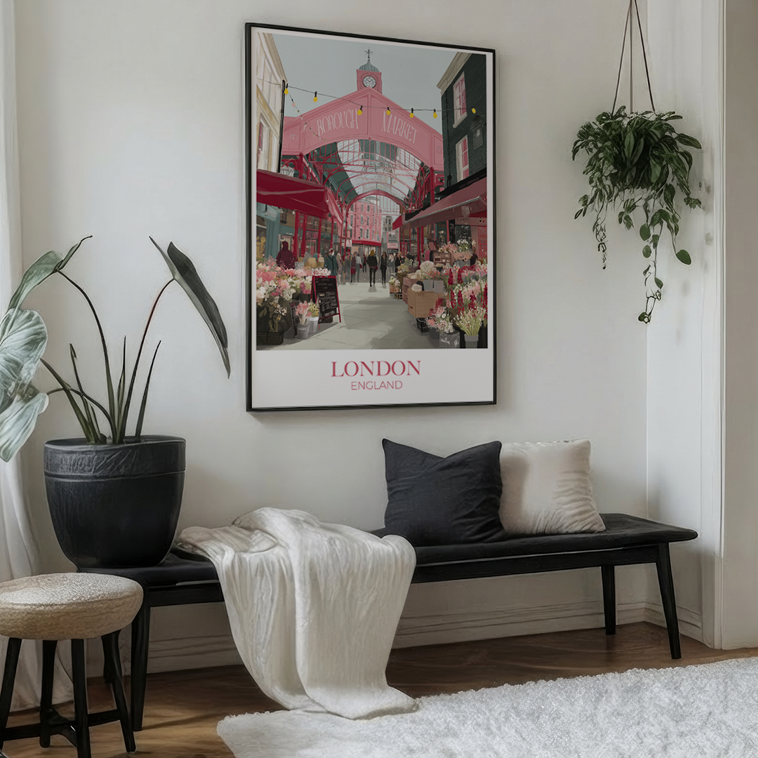 Living room with a bench, cushions, and a framed picture of London.