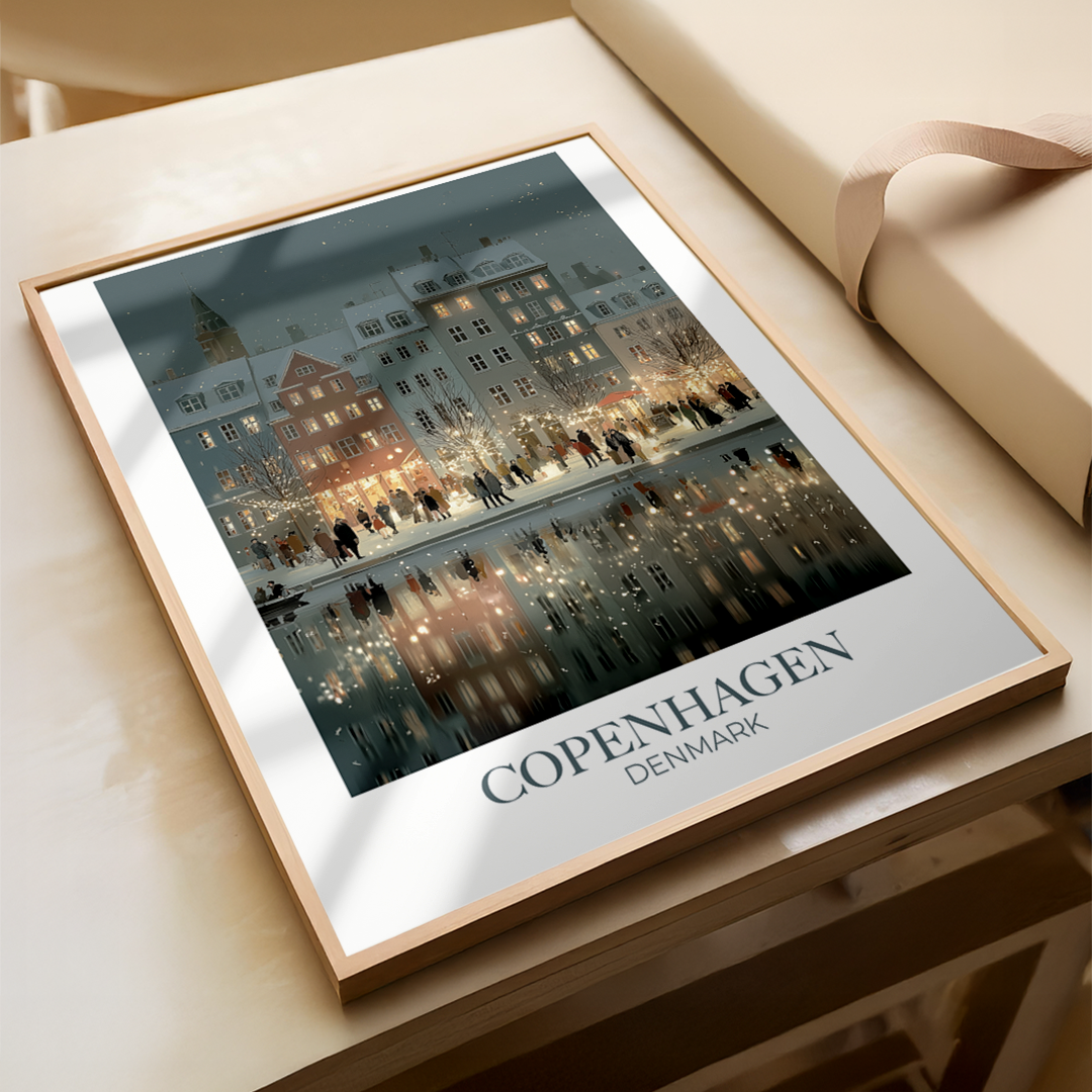 Framed artwork of a cityscape with 'Copenhagen, Denmark' text on a light surface.