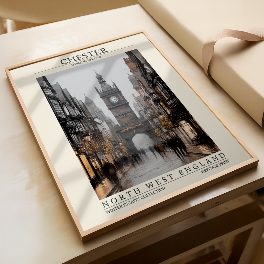 Framed artwork of a cityscape with clock tower on a wooden surface