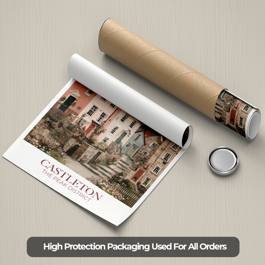 Roll of paper with a printed design of a house and text 'Castleton The Peak District' on a beige background.