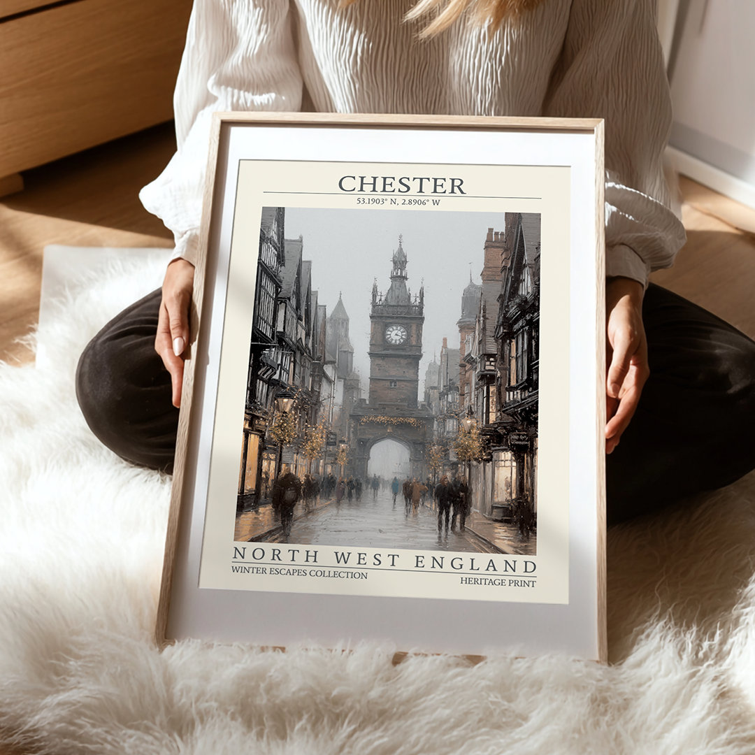 Person holding a framed print of Chester, North West England