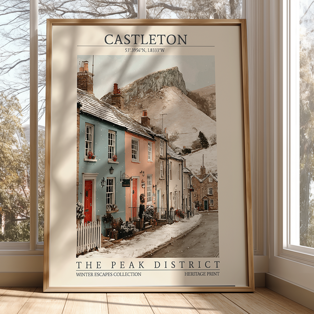 Framed poster of a village scene with mountains in Castleton, The Peak District.