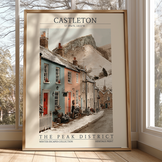 Framed poster of a village scene with mountains in Castleton, The Peak District.