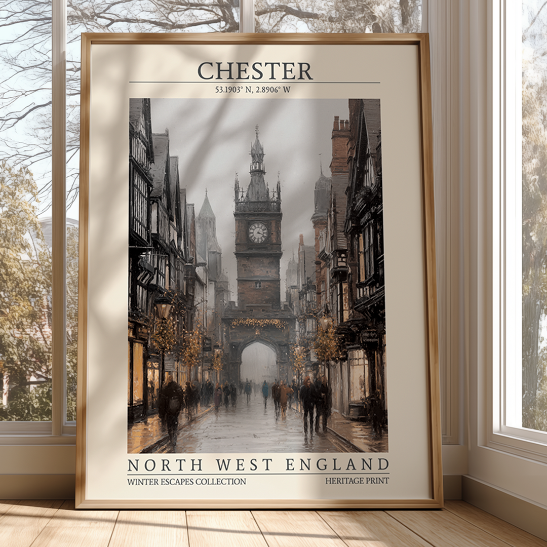 Framed poster of Chester, North West England with a clock tower and people on a street.