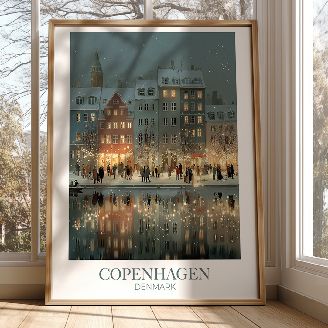 Framed artwork of a snowy street scene in Copenhagen, Denmark, on a wall.