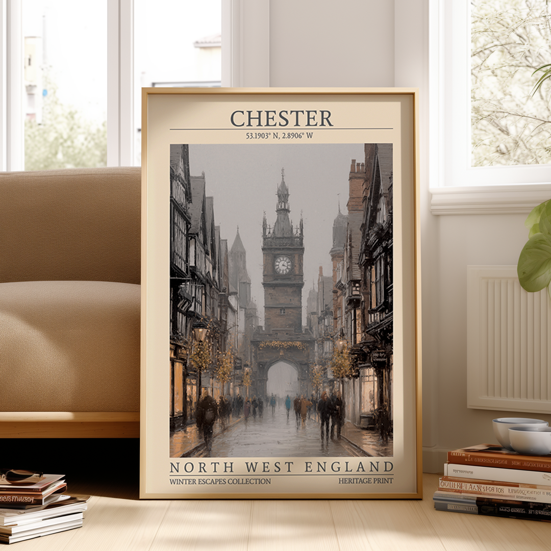Framed poster of Chester, North West England with a clock tower, in a room with a couch and books.