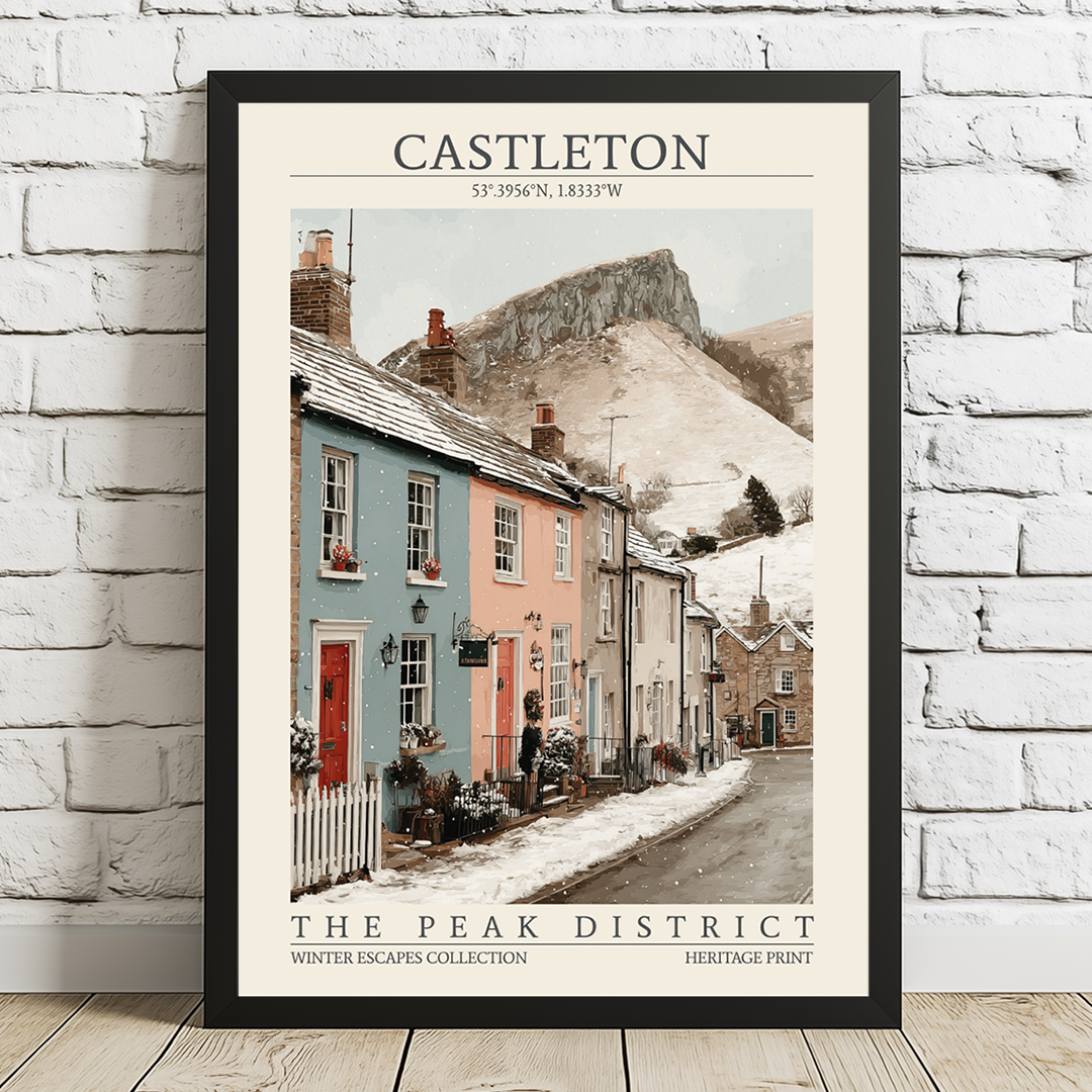 Framed print of a village scene with mountains, titled 'Castleton' from 'The Peak District'.