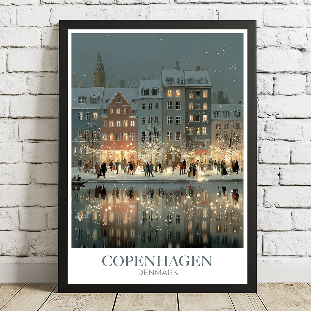 Framed artwork of a snowy Copenhagen scene with people gathered by a pond.