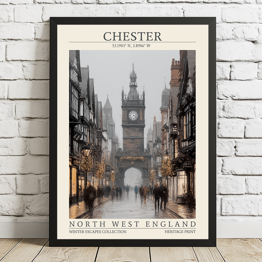 Framed poster of Chester, North West England with a clock tower and people on a street.