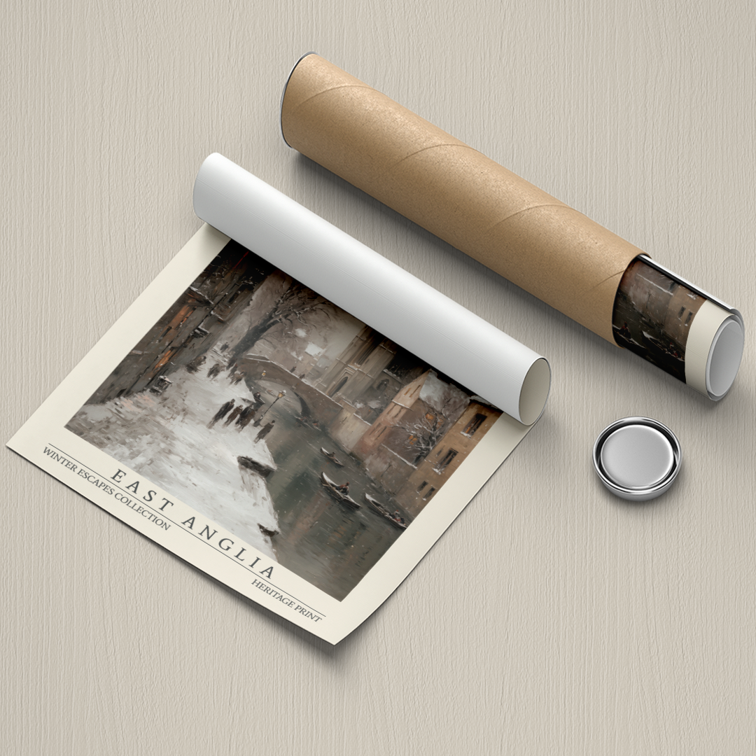 Roll of paper with a printed image of 'East Anglia' on a textured surface