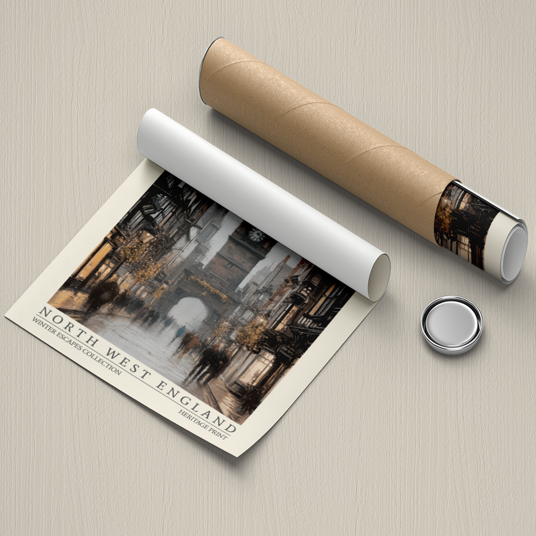 Roll of paper with a printed design of North West England on a textured surface.
