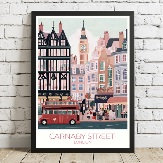 Framed artwork of Carnaby Street, London with a red double-decker bus and iconic buildings.