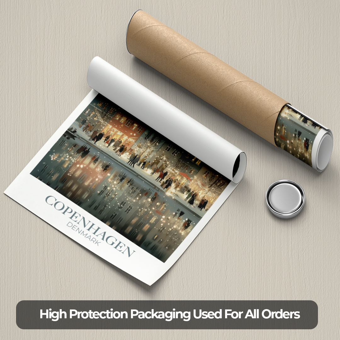 Roll of paper with a printed design of Copenhagen, Denmark, on a textured surface.