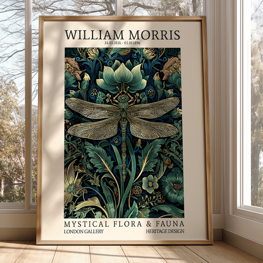 Framed artwork of William Morris design with dragonfly and floral elements, displayed in a room with windows.
