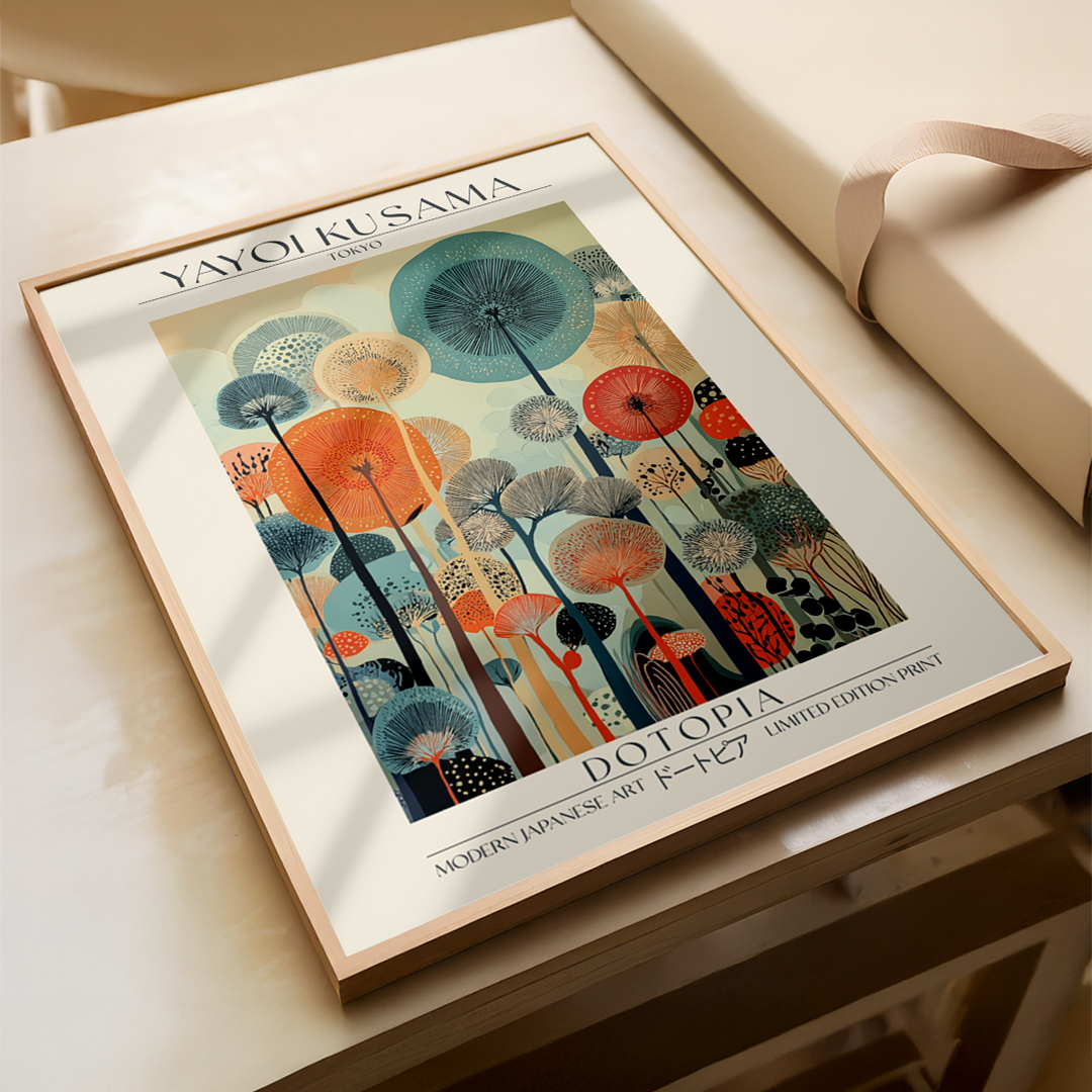 Framed artwork by Yayoi Kusama on a wooden surface