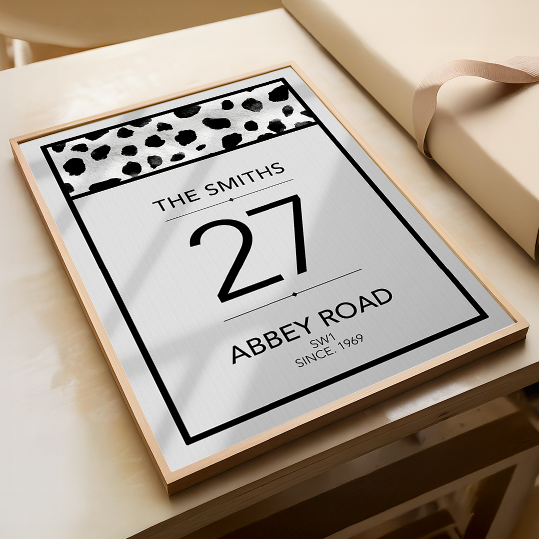 Framed print with 'The Smiths 27 Abbey Road' design on a light surface.