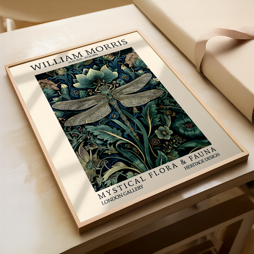 Framed artwork with William Morris design on a wooden surface