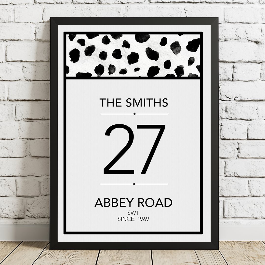 Framed poster with 'The Smiths' and '27 Abbey Road' design on a white brick wall background.