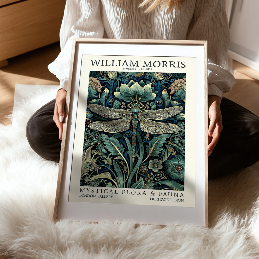 Person holding a framed artwork by William Morris featuring a dragonfly and floral design.