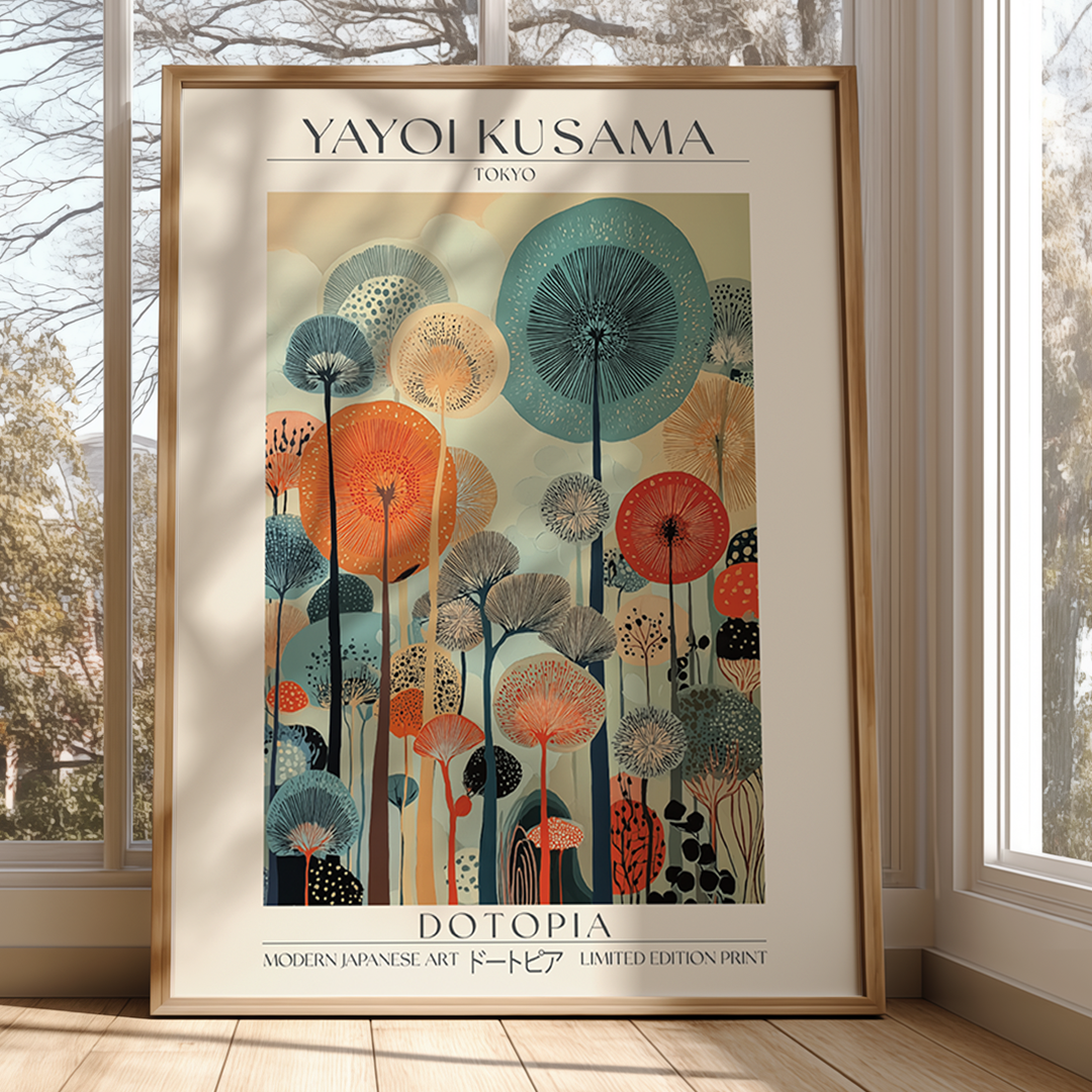 Framed Yayoi Kusama art print titled 'Dotopia' in a room with large windows.