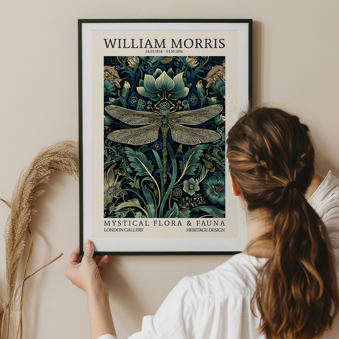 Woman holding a framed William Morris print of a dragonfly and floral design.