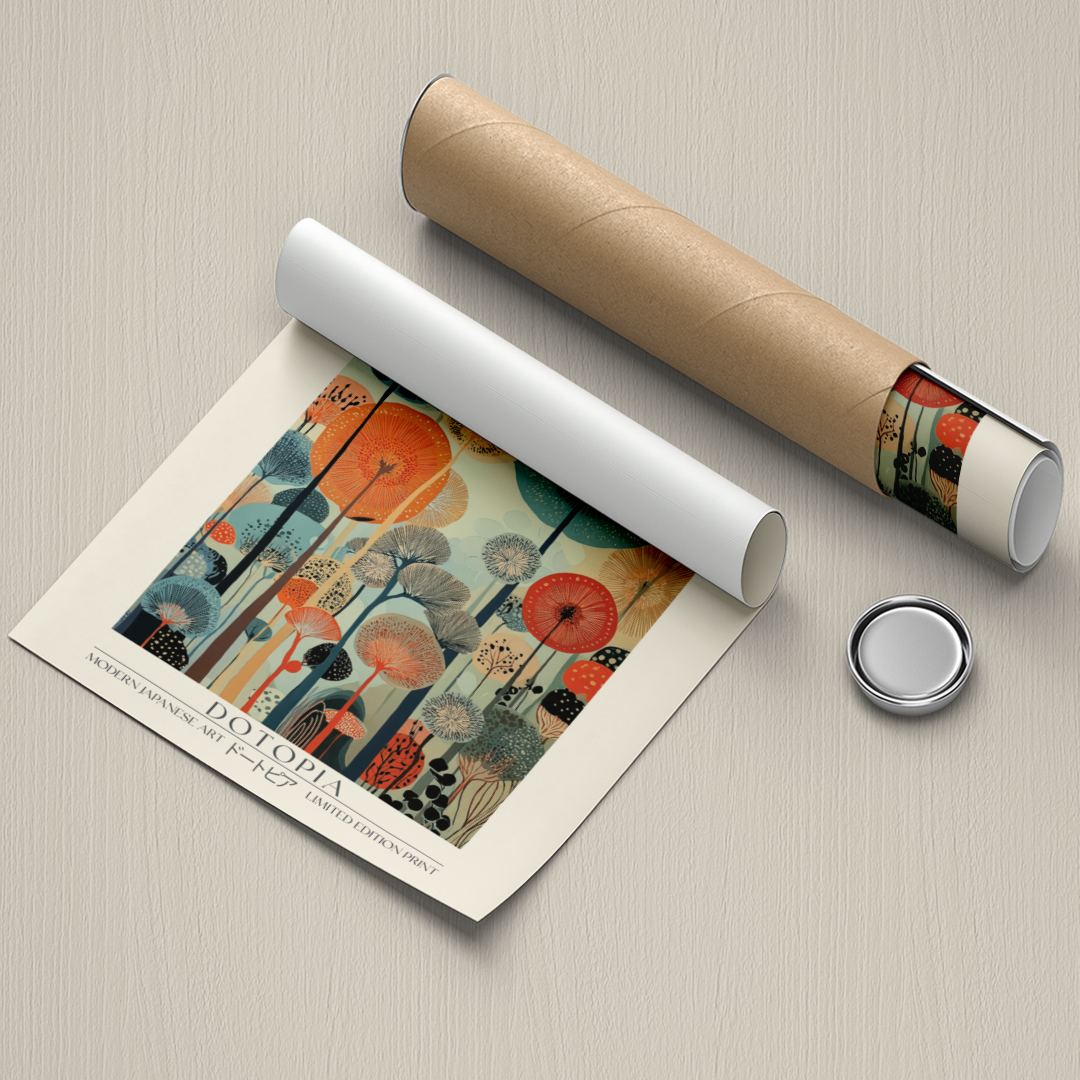 Rolled-up poster with a colorful design on a beige surface