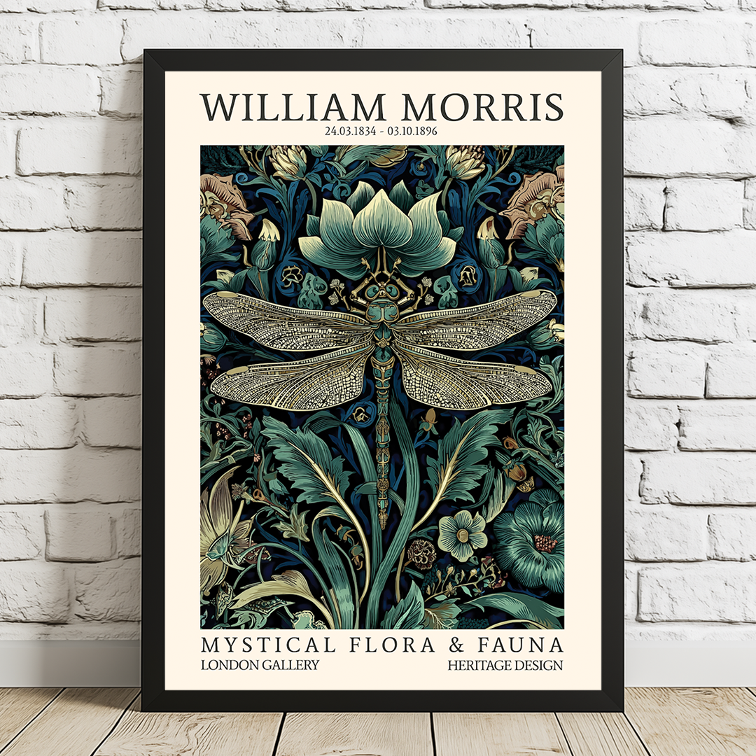 Framed artwork of William Morris design with dragonfly and floral elements on a white brick wall.
