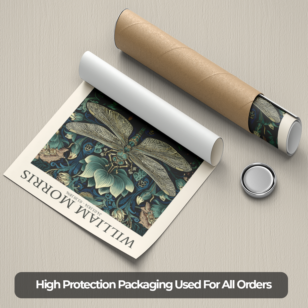 Decorative print with a rolled-up poster and packaging on a textured surface